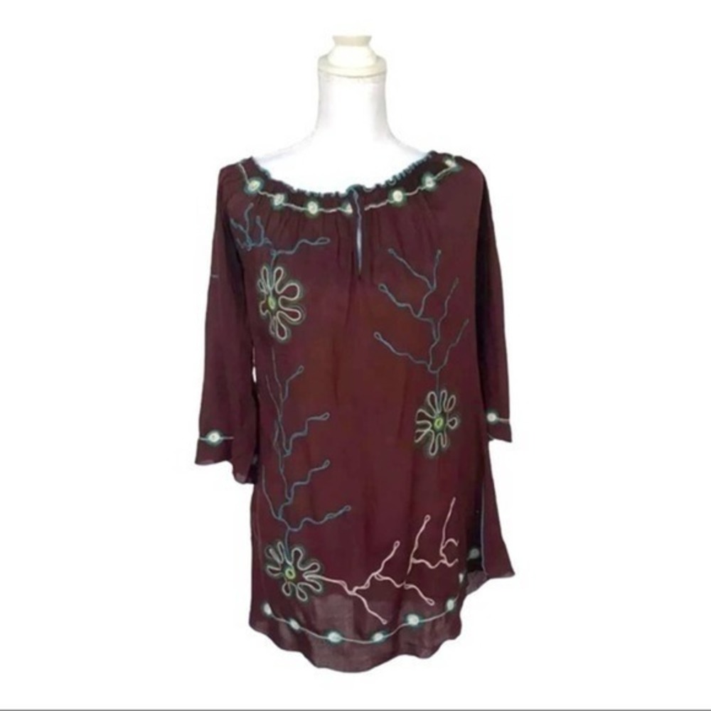 Poupette St Barth Chocolate Brow Tunic Dress w/ Teal Green White Embroidery Sm